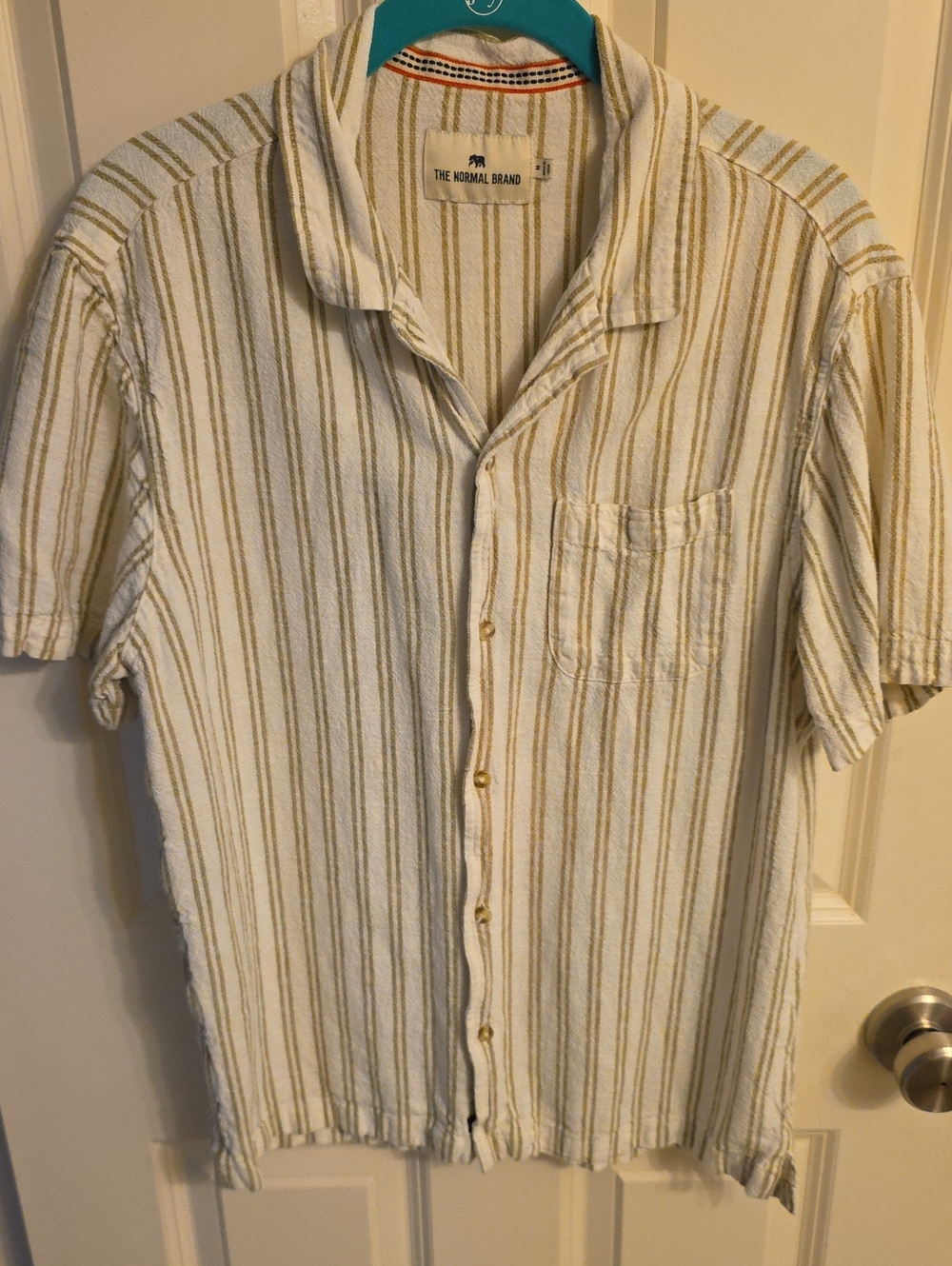 The Normal Brand Men's Short Sleeve Button-Up Shirt - Cream & Beige Stripes